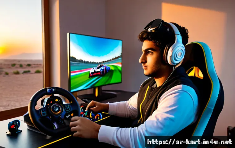 카트라이더 스피드전 팁 모음 - Photorealistic esports racing setup in a modern Middle Eastern home, Arab young adult wearing modest...