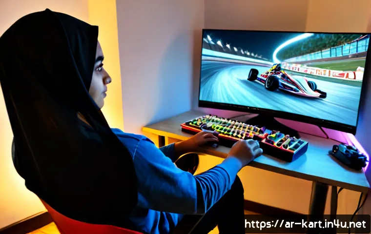 카트라이더 초보 유저를 위한 트랙별 공략 - Photorealistic Arab teenage gamer wearing modest casual clothing, focused at a clean home gaming des...