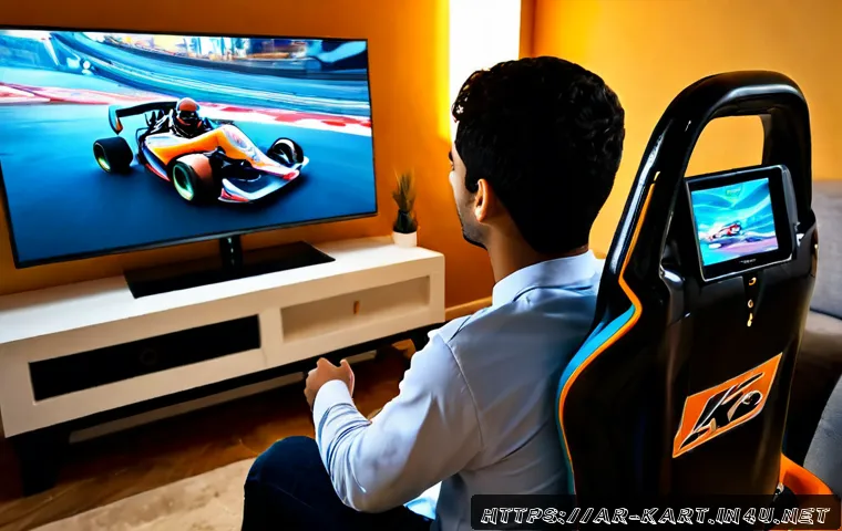 카트라이더 신규 출시 정보 - Photorealistic young Arab man in a modern Gulf-style living room, excitedly viewing a colorful kart ...