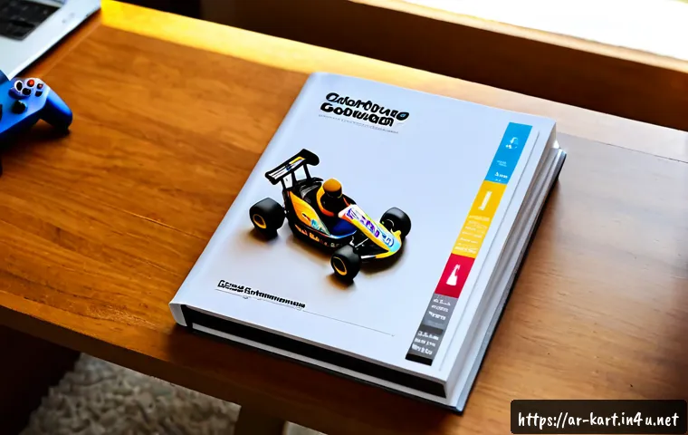카트라이더 공식 가이드북 내용 - Photorealistic overhead view of a colorful kart racing strategy guidebook opened on a clean wooden d...