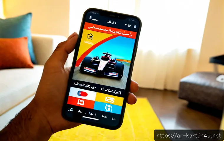 카트라이더 공식 채널 소식 - Photorealistic close-up of a smartphone showing a colorful kart racing video channel interface with ...