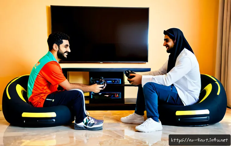 카트라이더 초보 유저와 팀플레이의 재미 - Photorealistic scene of three Arab young adult friends enjoying a colorful team kart racing video ga...