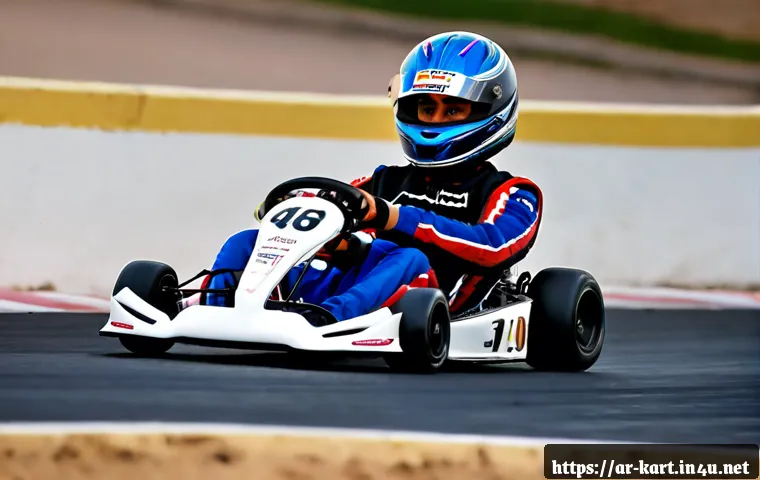 카트라이더 트랙 공략을 위한 주요 팁 - Photorealistic indoor kart racing scene, focused young Arab driver in a modest racing suit and full-...