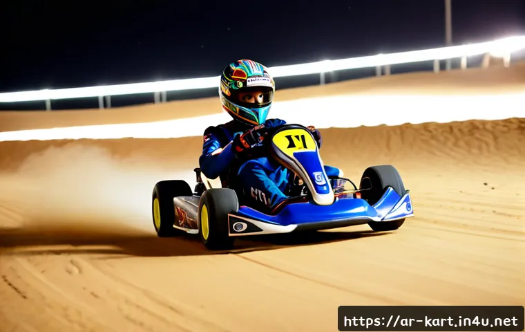 카트라이더 최고 속도 내는 법 - Photorealistic cinematic go-kart racing scene on a sleek desert-inspired night circuit, a skilled Ar...